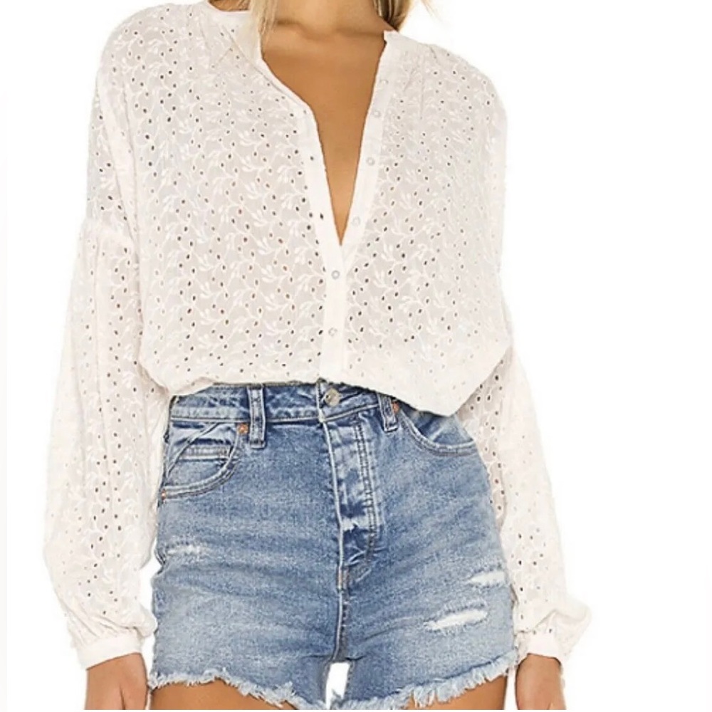 NWT, Free People Maddison Button Down Eyelet Blouse Ivory, XL